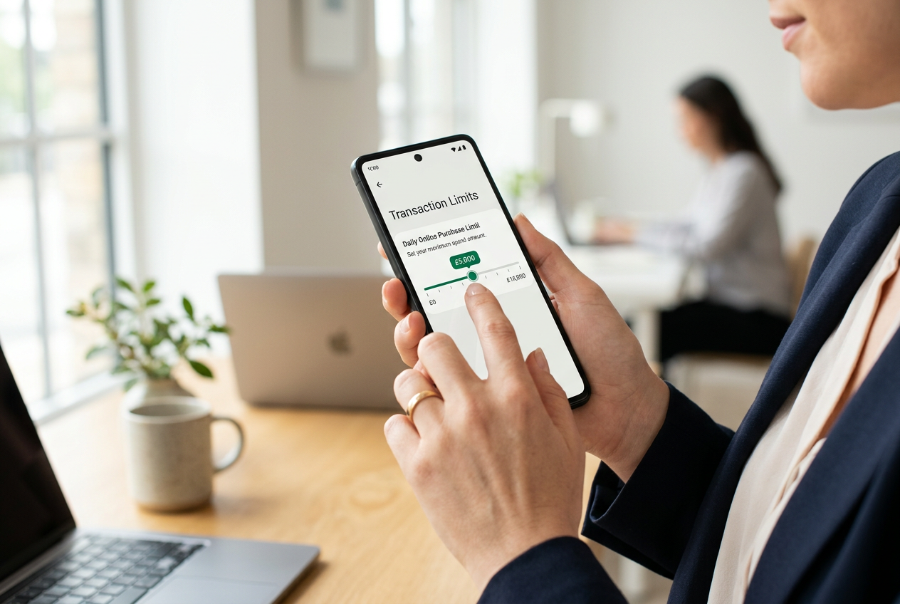 A close-up of a person using a banking app to adjust transaction limits on a smartphone.