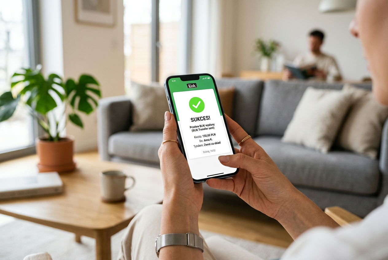 A person holding a modern smartphone displaying a successful mobile transfer confirmation.